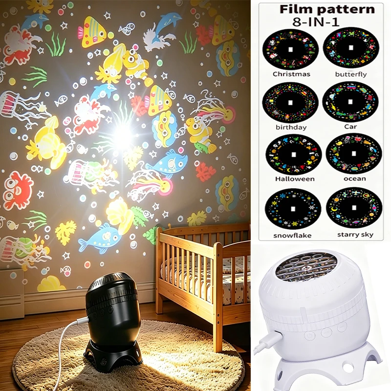 8 Patterns Projection Night Light 360° adjustable speed automatic rotating pattern Starry LED Lamp for Kids Bedroom Party Decor