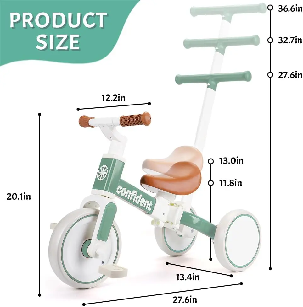 Tricycle for Toddlers 1-3 Year Olds, 5 in 1 Toddler Balance Bike with Removable Pedal, Push Trike Toys with Adjustable Pushrod f
