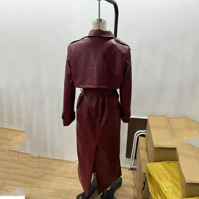 Chaqueta de cuero marrón Vintage para mujer, abrigo de cuero de cintura alta con hombros acolchados y solapa con cinturón, abrigos cortos de moda de otoño 2025 para mujer