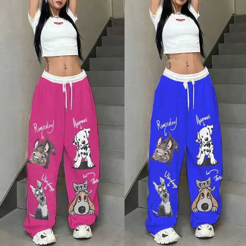 

Hip Hop Street Puppy Pattern Splicing Color Collision Sports Casual Pants High Waist Loose Straight Leg Wide Jazz Dance Pants