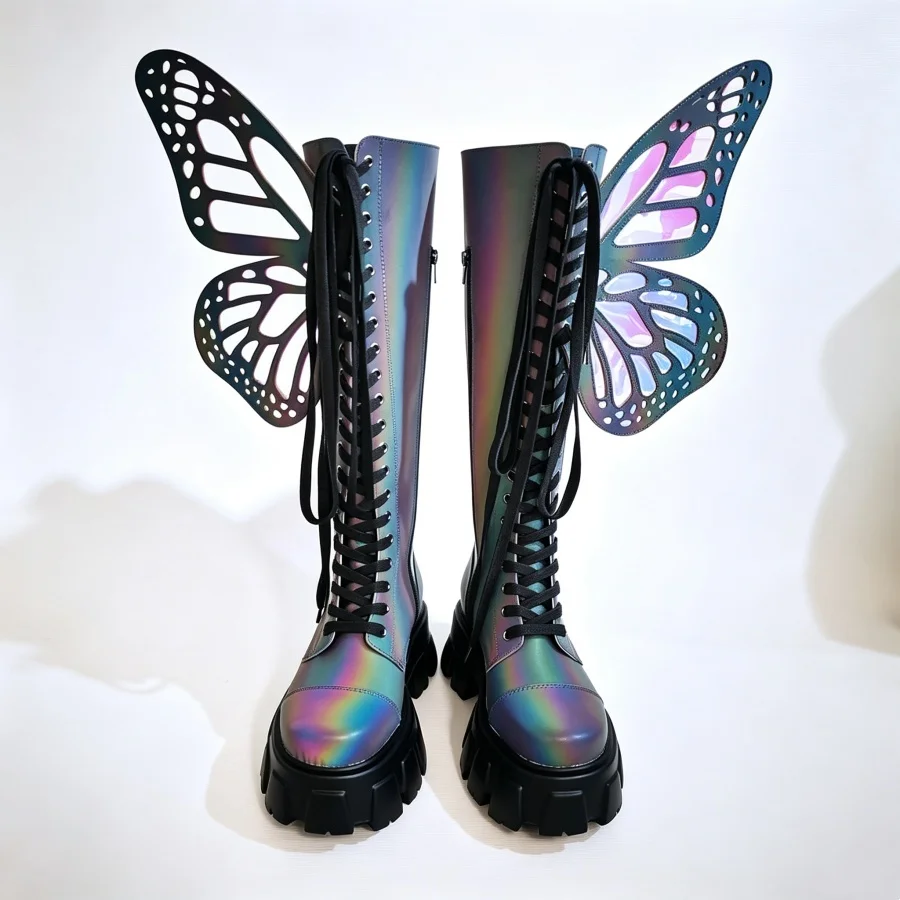 Holographic Butterfly Wing Decor Knee High Boots Women Round Toe Lace Up Side Zipper Thick Sole Cosplay Large Size Long Boots