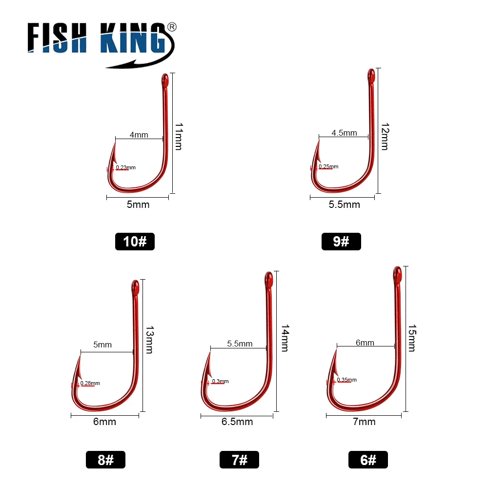 FISH KING 50-100pcs High Carbon Steel Fishing Hook 6#-10# Red Barbed Hook with Eyes Bent Baitholder Ringed Sode Carp Tackle Hook