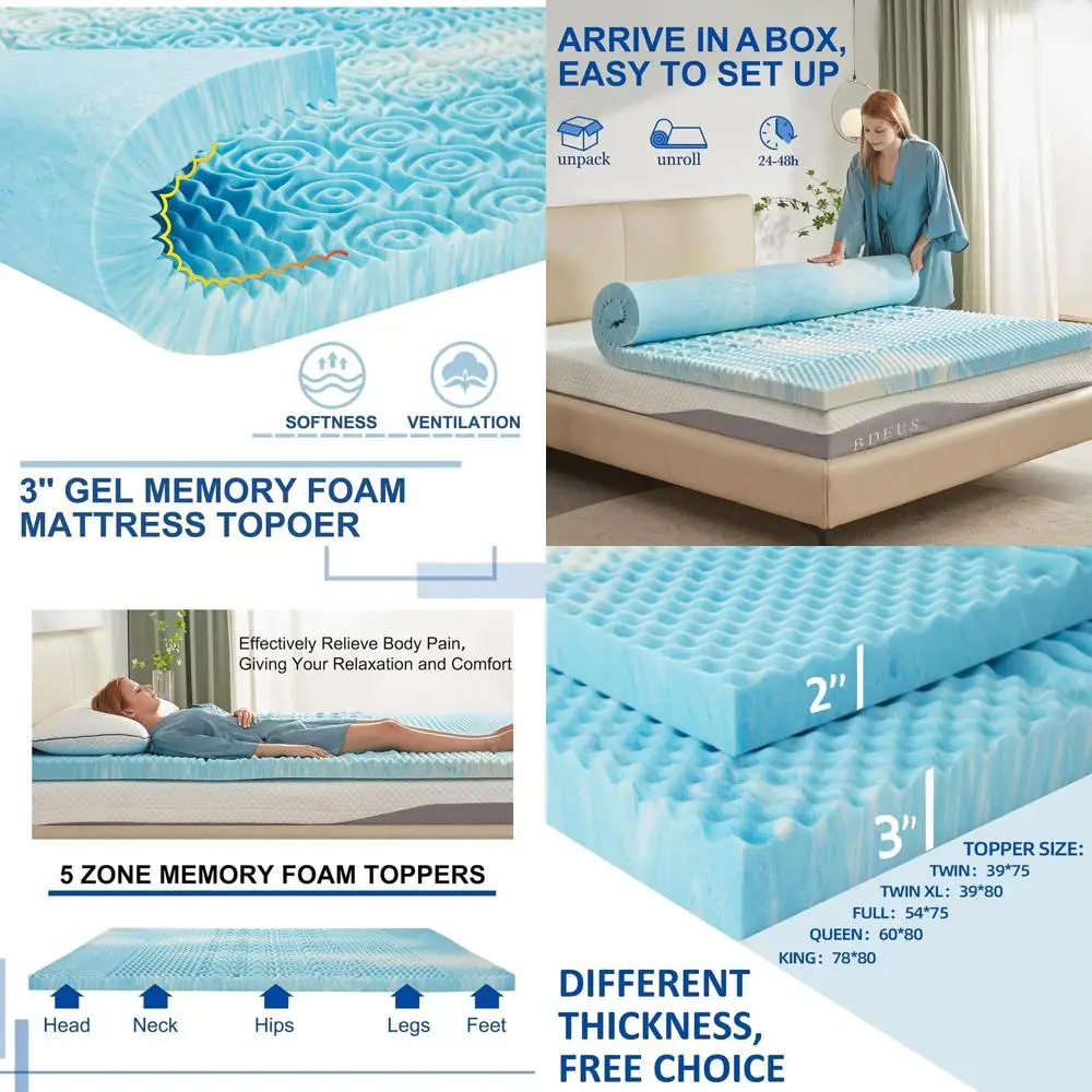 

Queen Size 3 Inch 5-Zone Memory Foam Mattress Topper for Pressure Relief and Comfort, CertiPUR-US Certified, Blue
