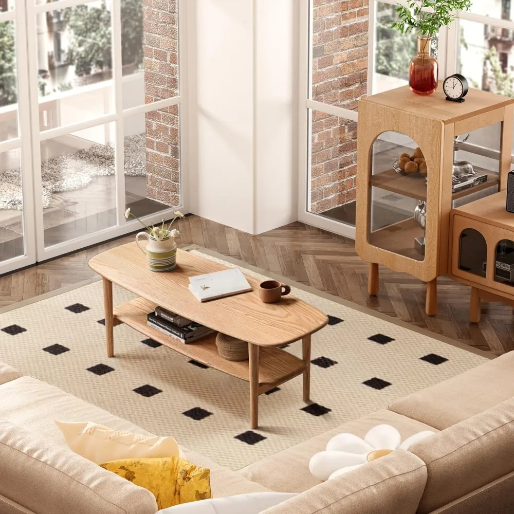 

100% Solid Oak Wood Coffee Table with Open Shelf - Oval Narrow Coffee Table for Small Space, Living Room (Oak, 47.24")