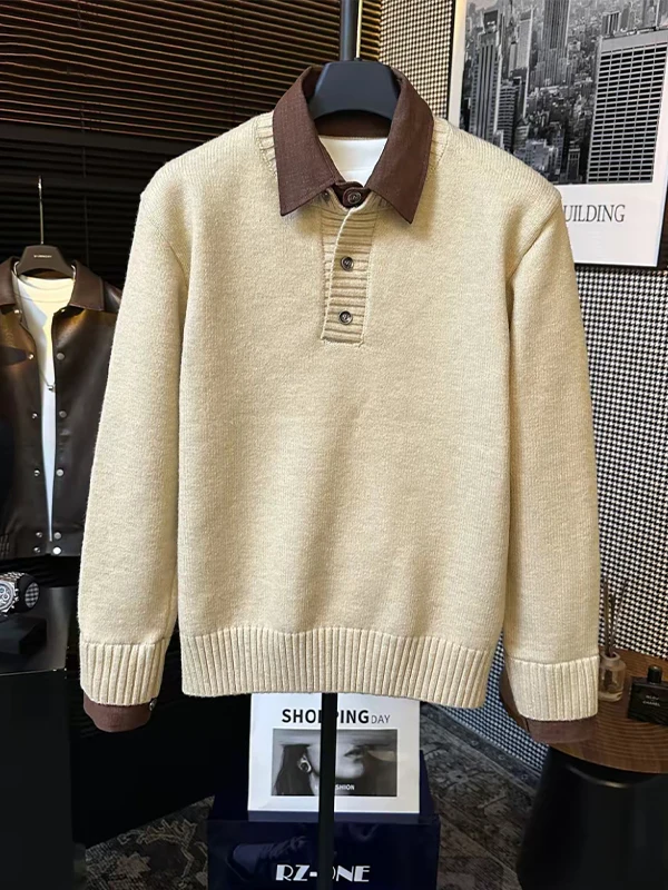 

Модный мужской вязаный свитер с контрастными вставками и джинсовым воротником, свободный крой, длинный рукав, зимний топ