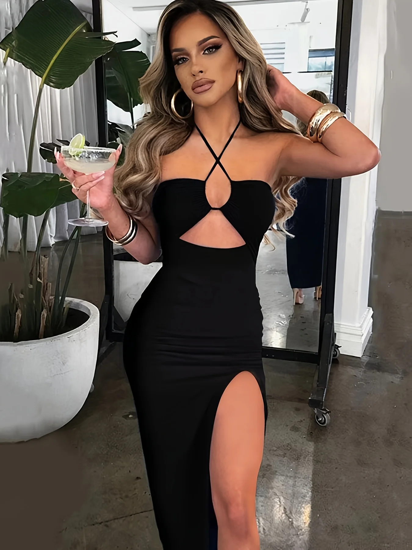 Black Sexy Backless Sleeveless Women'S Dress, Spring Summer New Hot High Slit Halter Neck Elegant Bust-Enhancing Long Dress