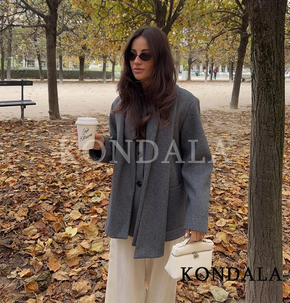 KONDALA الخريف المخلوطة وشاح طوق معطف المرأة أزرار أنيقة معطف غير رسمي 2025 الخريف الشتاء موضة بسيطة الكلاسيكية معطف السيدات #4