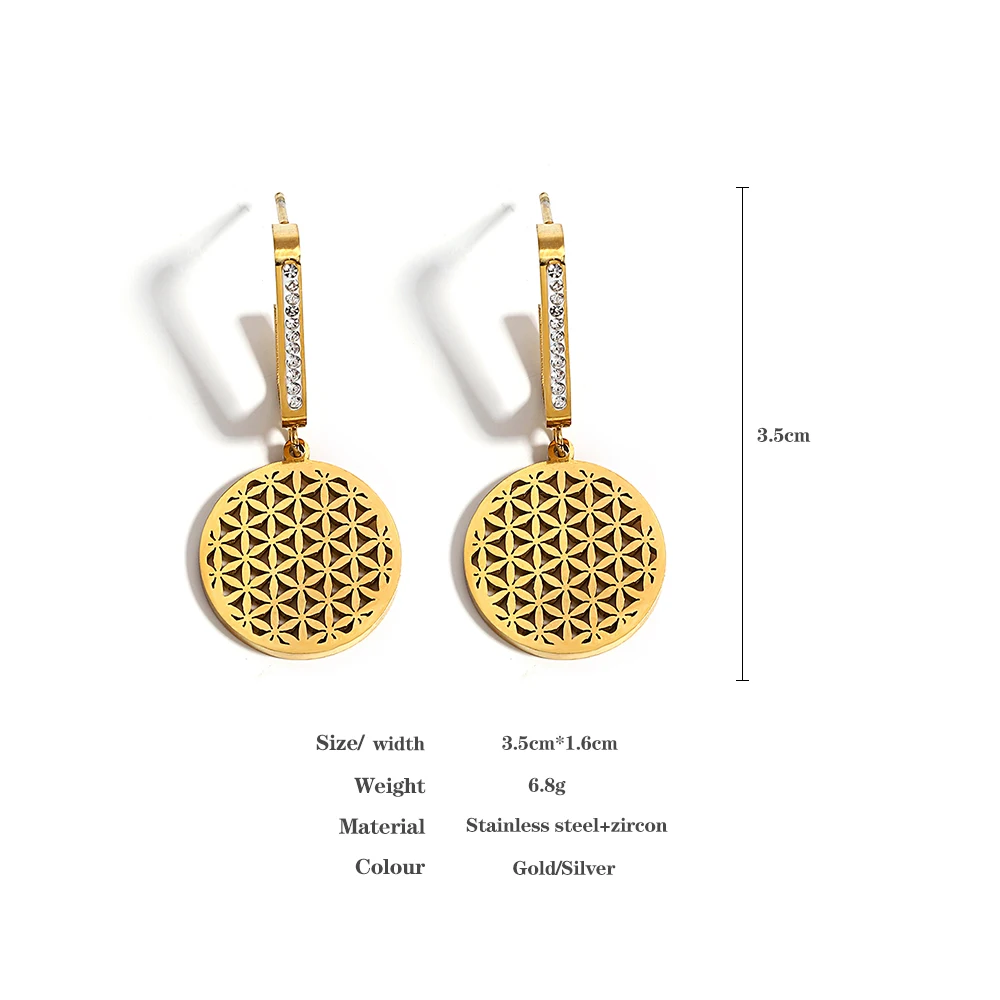 Flower of Life Stainless Steel Earrings for Women Golden Inlaid Rhinestones Big Round Dangler Waterproof Jewelry