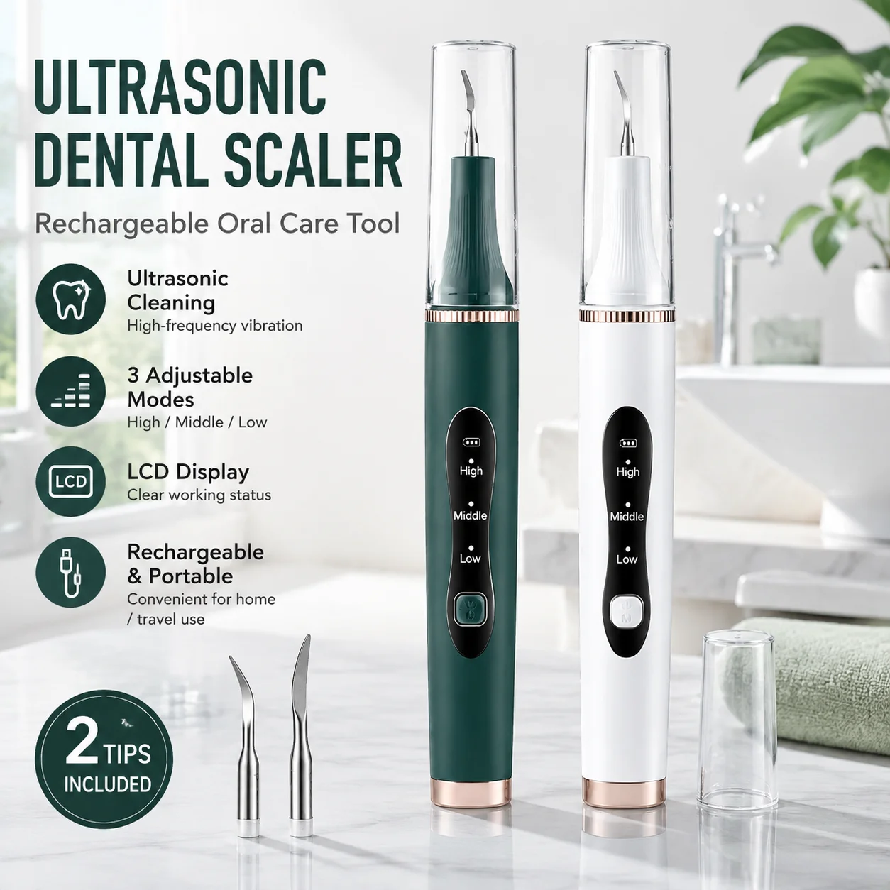 Ultrasonic Dental Scaler Electric Tooth Cleaner Tartar Remover Rechargeable Oral Care Tool with LCD Display 3 Modes