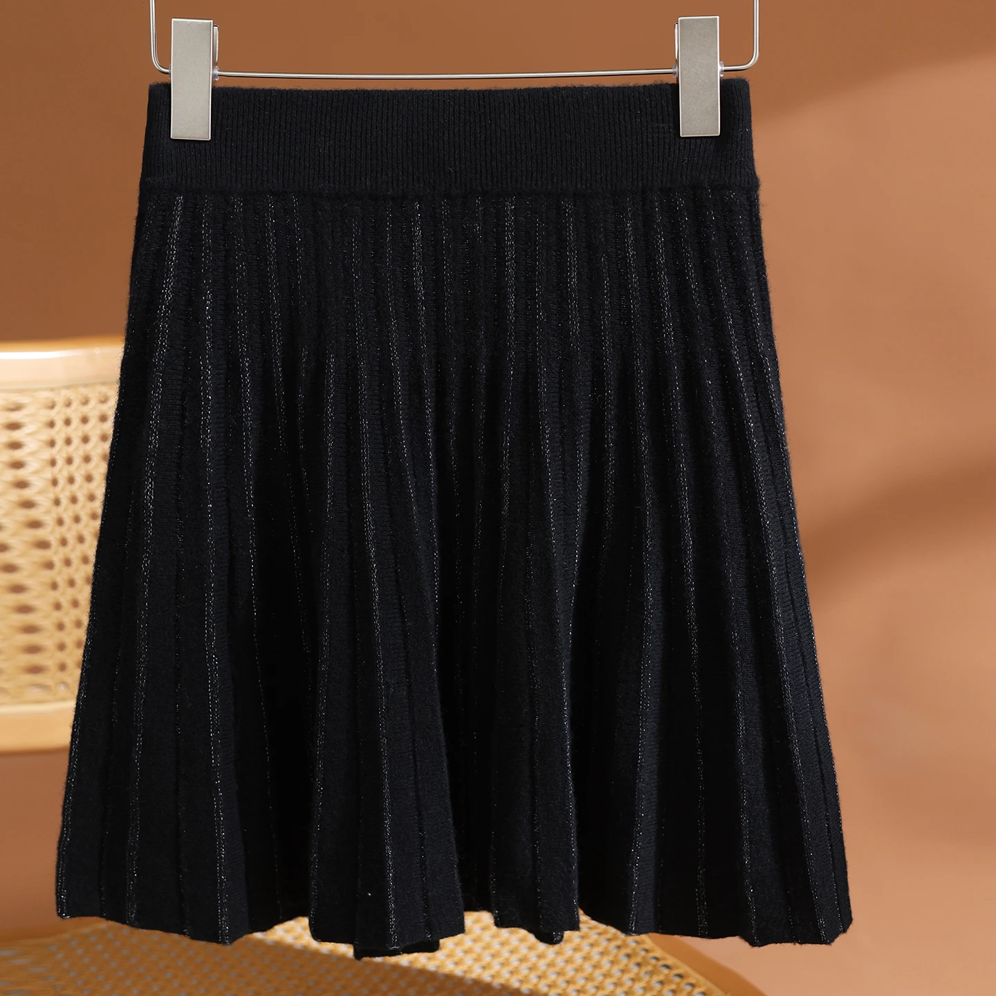Women 100% Merino Wool Autumn Winter Ribbed Pleated Knit Skirt Elastic High Waist Thick Warm Mini Skirt Solid Flared Knitted