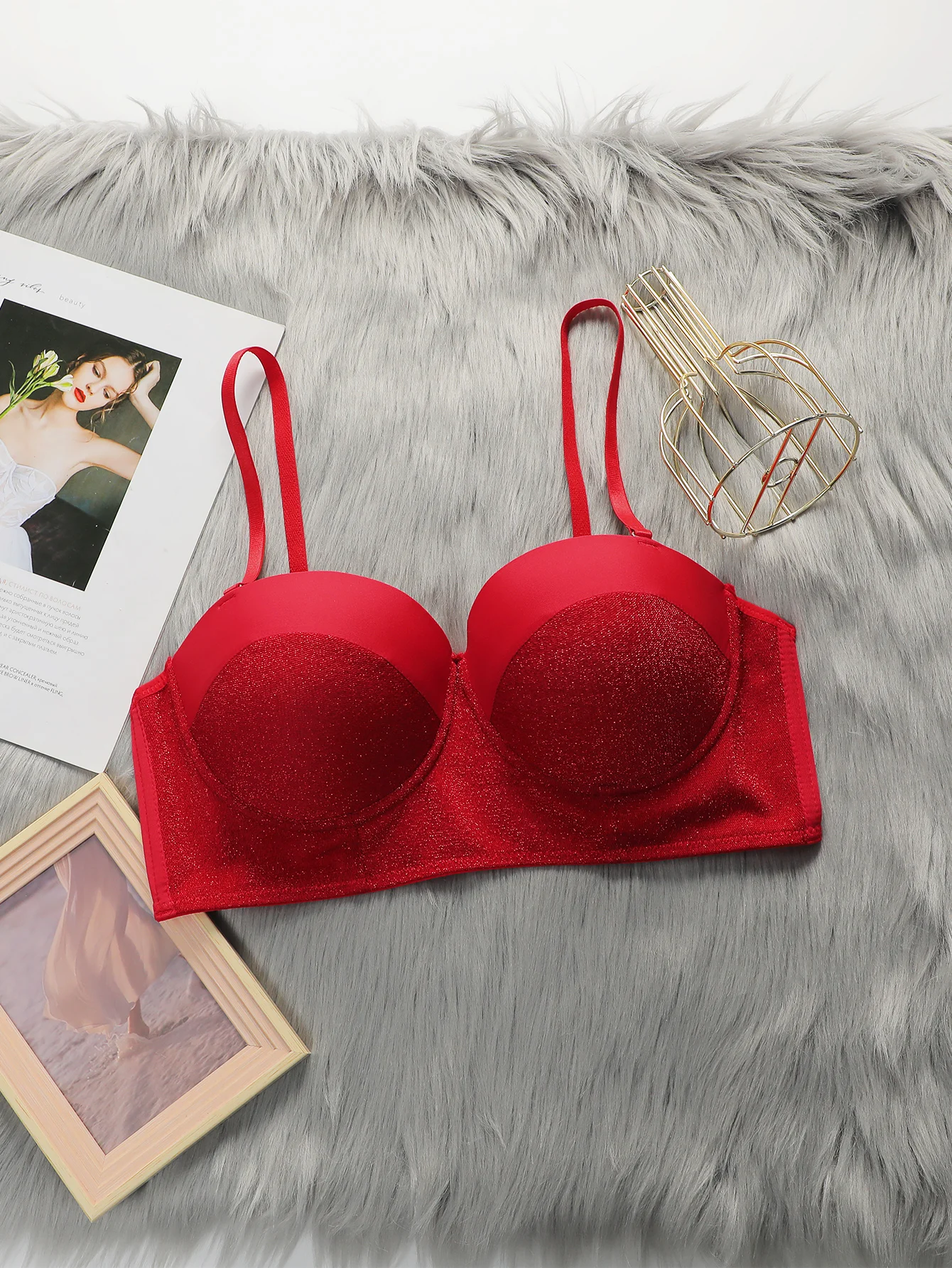 Women\'s 3/4 cup New Year bra red festive hot sexy lingerie Push Up Set Women Sexy L2538