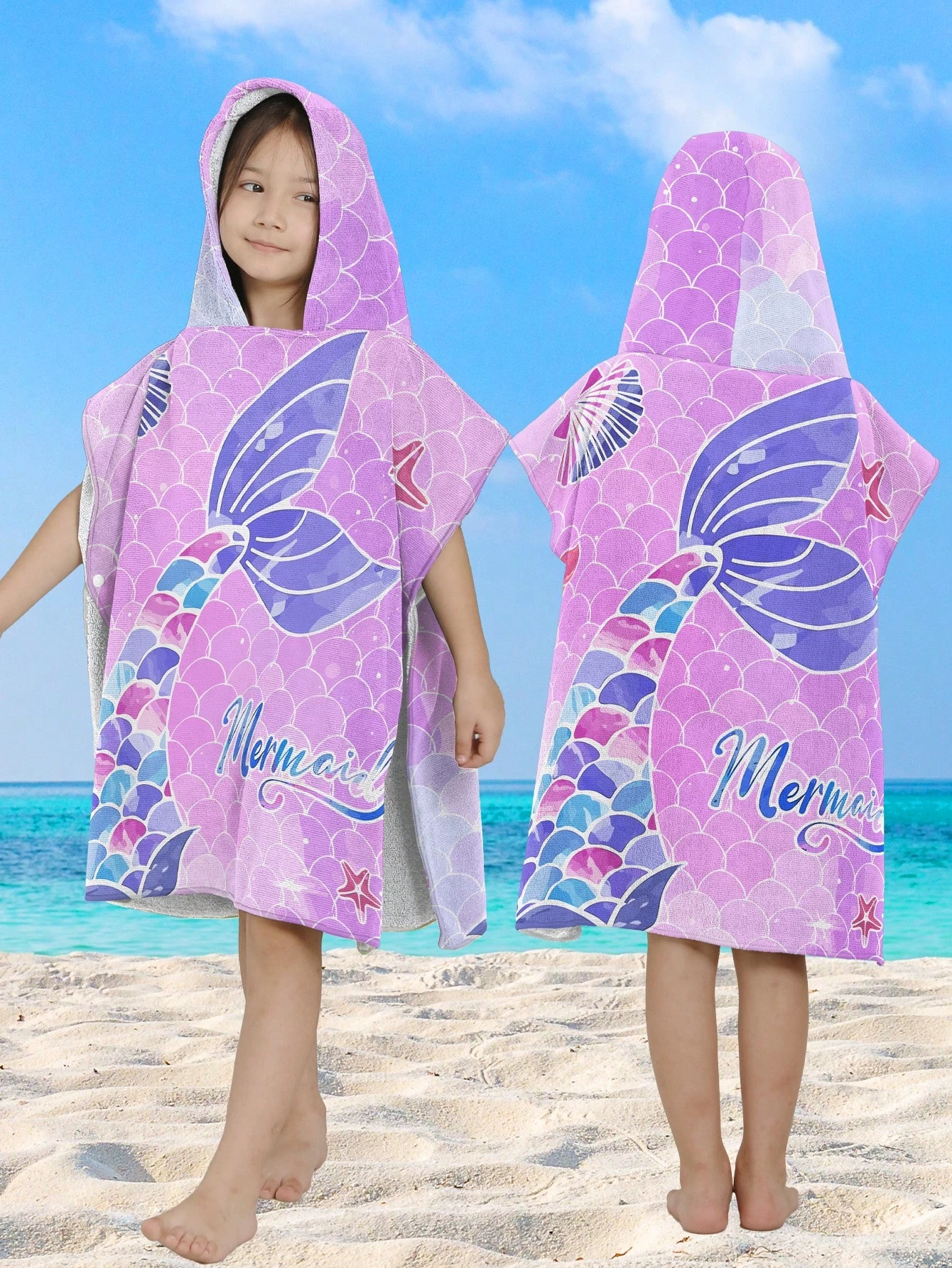 

1pc Mermaid Tail Print Hooded Towel Poncho, Quick Dry Polyester Beach Changing Robe, Matching Family/Couple Swim Poncho for Summ