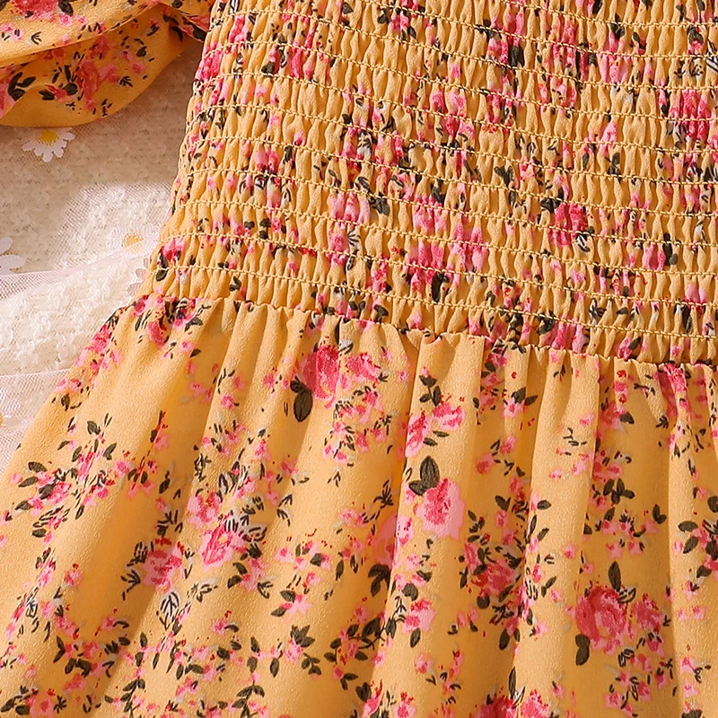 Summer  Dress For 8-12 Years Kids Girls Puffy Sleeves Yellow Floral Skirt Long dress Elegant Princess Birthday Party Daily Dress