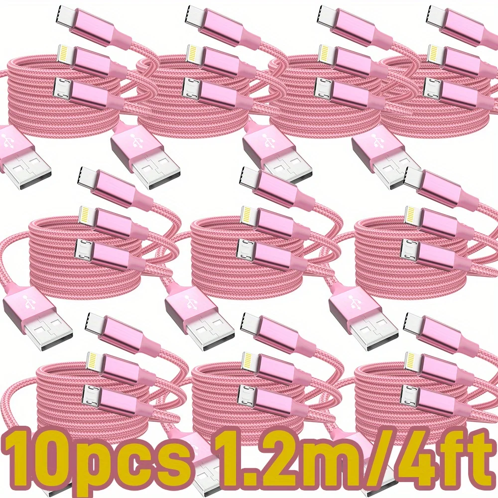 

10 шт. USB-кабели для зарядки 3-в-1 длиной 1,2 м (4 фута) с разъемами Type-C, Micro USB и IP-портами, нейлоновая оплетка, сертифицированные MFi.