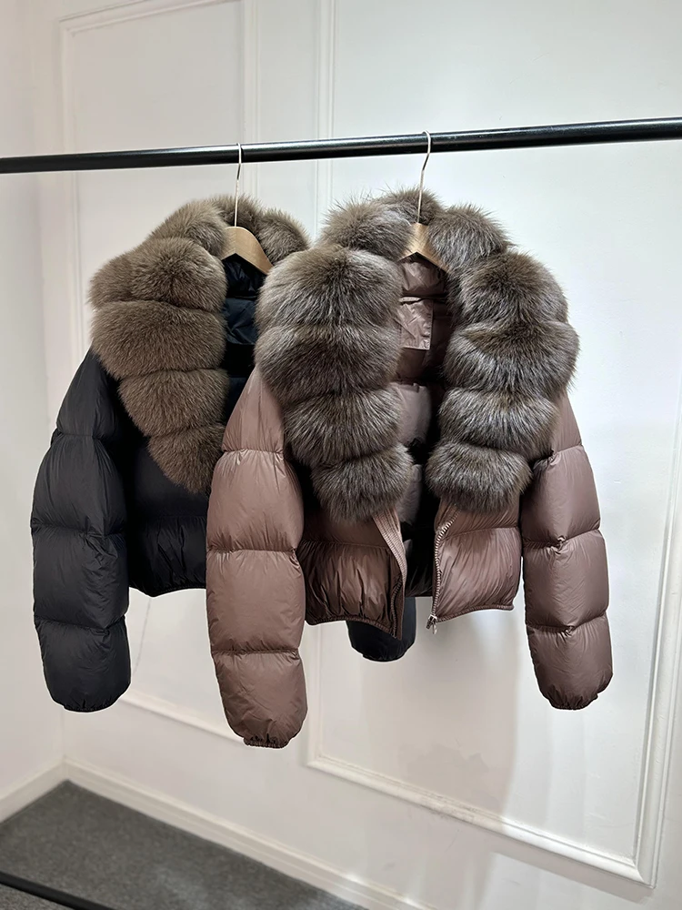 Janveny 2025 New Puffer Jacket Women With Large Natural Fox Fur Collar Short Fluffy Thick Parkas Female 90% White Duck Down Coat