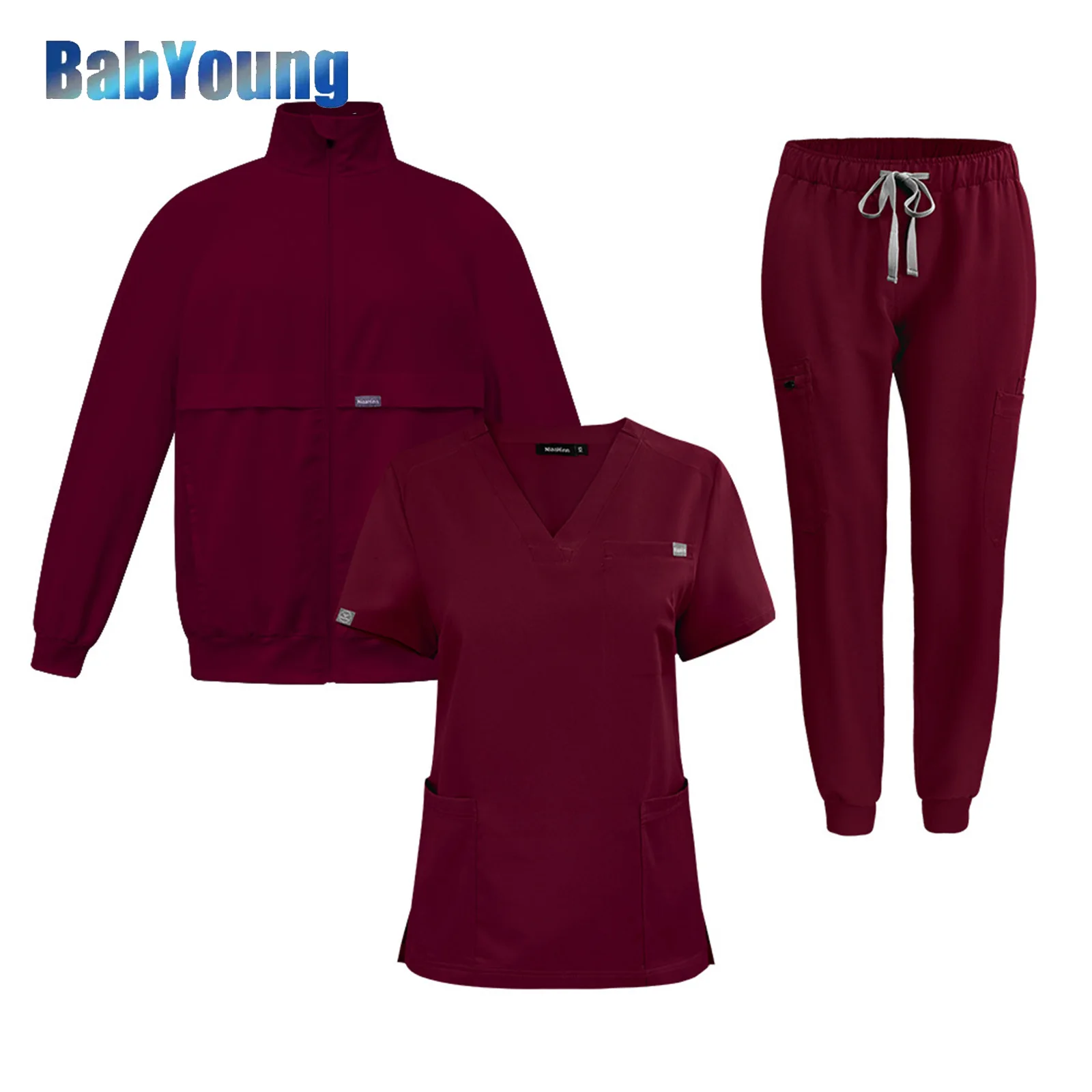 Unisex 3-piece Set Scrub Suits Medical Doctor Nurse Work Top Uniform Bottoms Simple More Pockets Dental Scrubs Pants SPA Nursing