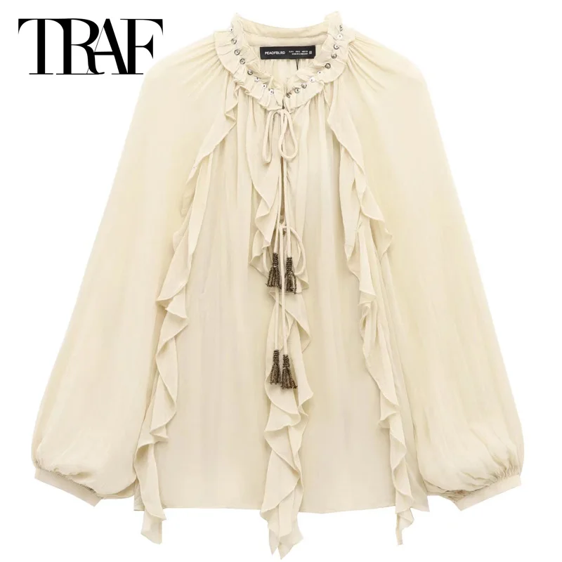 TRAF 2025 Woman Romance Ruffled Blouse Shirts & Blouses Tierred Lace-Up Long Sleeve Top O-Neck Light Yellow Shirt Pretty Blouses