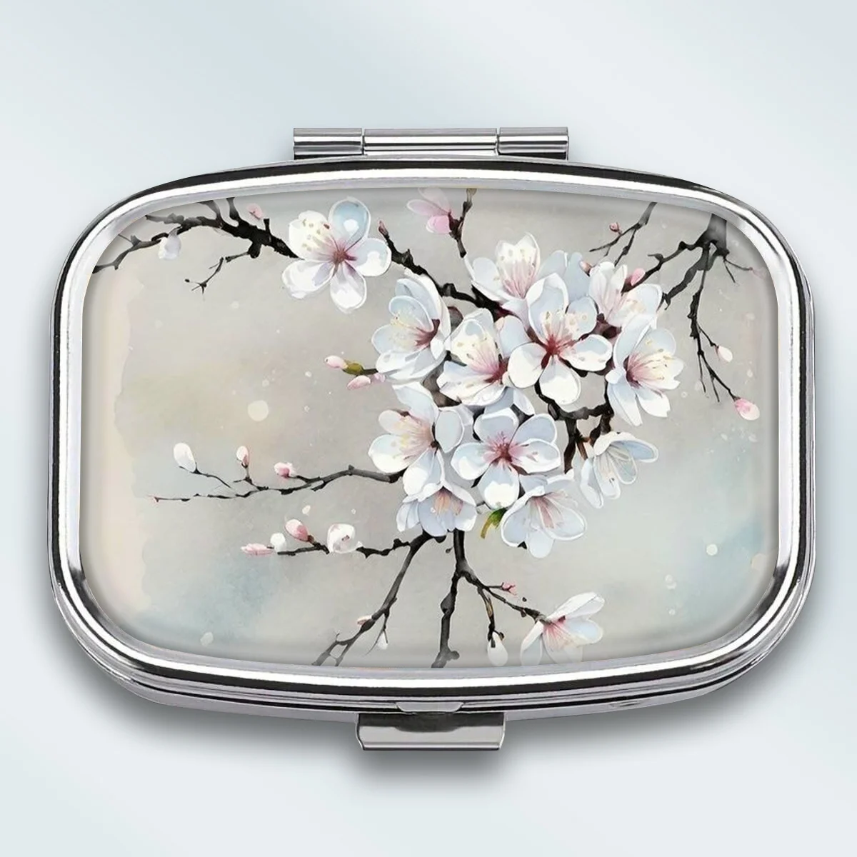 1 Piece—Chinese-Style Hand-Painted Cherry Blossom Pattern Square Double-Compartment Pill Box—Portable Medicine and Vitamin Storage Box, Suitable for Carrying or Traveling Unique Pocket-Sized Gifts, Wallet-Style Pill Boxes/Metal Matchboxes