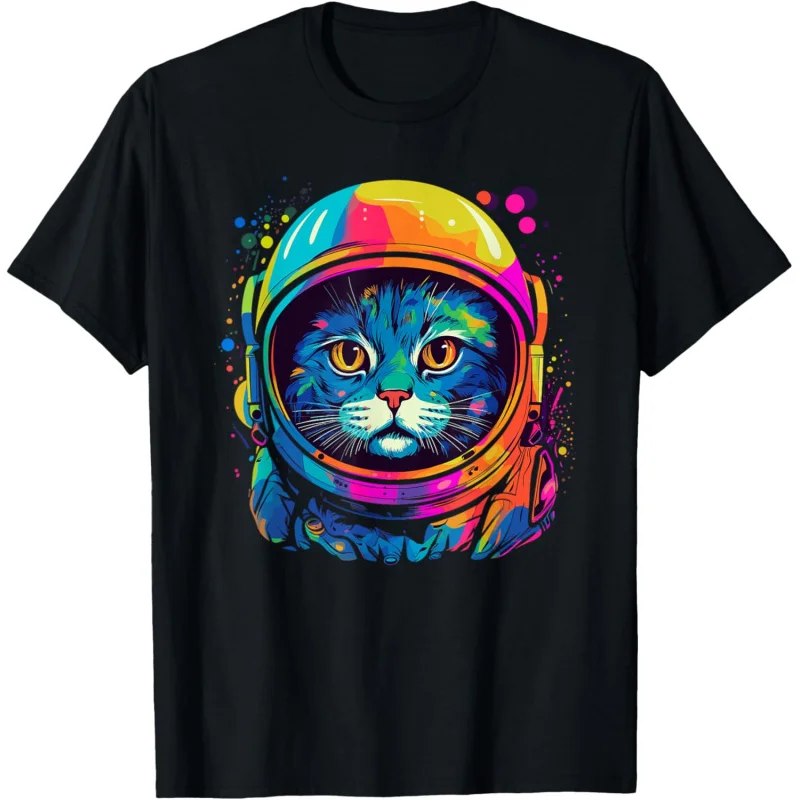 

Men's and Women's Sports and Leisure New Fashion Short Sleeve Space Gift Cat Astronaut Black Top T-shirt