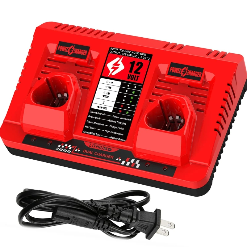 

Portable Rapid Charger 12V Dual-Port Battery Charger Power Tool Battery Charger Compatible for Milwaukee 12V Lithium Batteries