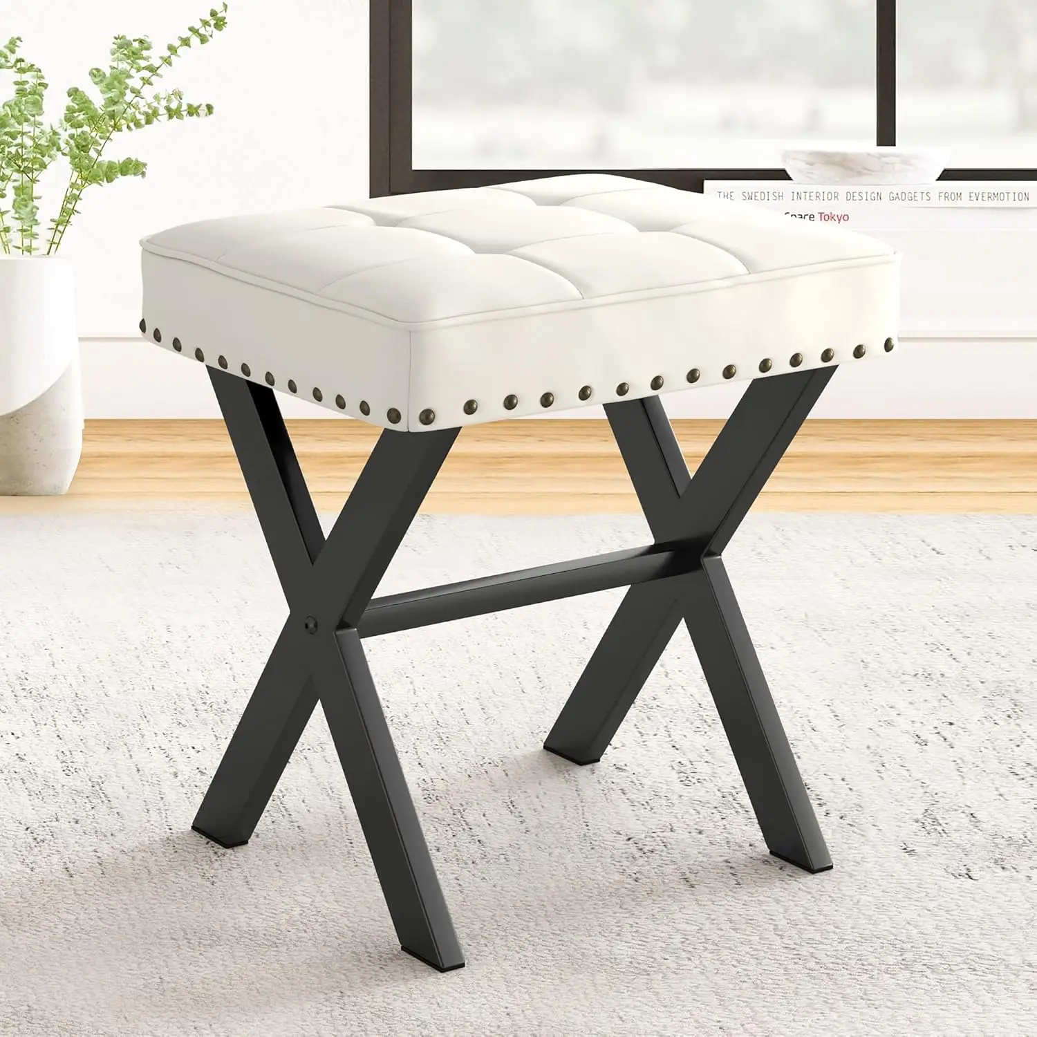 

White Faux Leather Vanity Stool with Metal X Legs for Makeup Room Living Room Bathroom