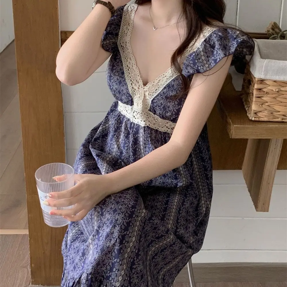 

Fashion with Chest Bra Women's Pajama Dress Lace High Waist Sleeveless Nightdress Loose Sleepwear Sweet Nightgowns Summer