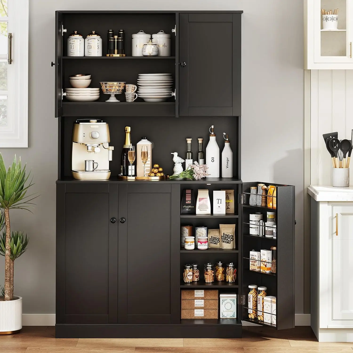 Black Wood Kitchen and Dining Room Pantry Cabinet with Microwave Stand, Door Shelves and Adjustable Shelves