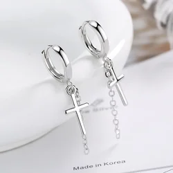 Personality Cross Pendant Hoop Earrings 925 Sterling Silver Hypoallergenic Ear Wedding Party Jewelry For Women Men Gifts