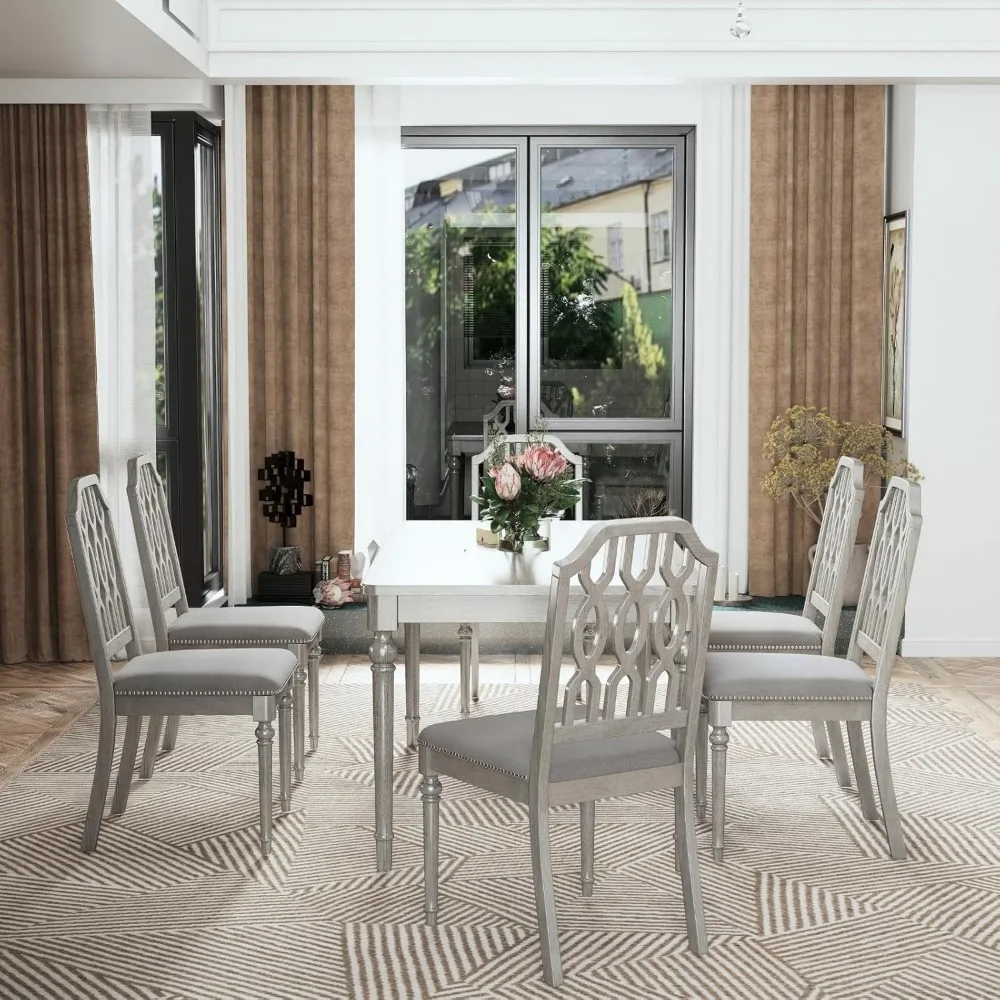 مجموعة من 4 كراسي لتناول الطعام في المزرعة على الطراز الريفي الفرنسي مع ظهور شبكي خشبي ومقاعد منجدة وزخرفة رأس الأظافر