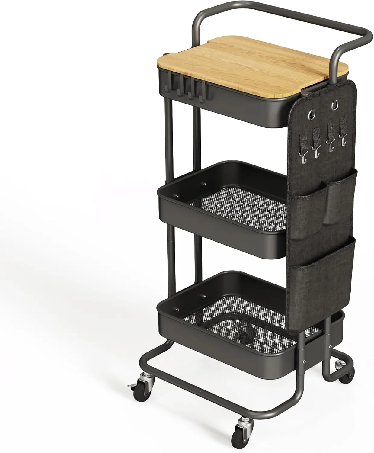 

3-Tier Rolling Cart with Table Top, Side Bags, and Hooks for Kitchen, Bathroom, Office Storage