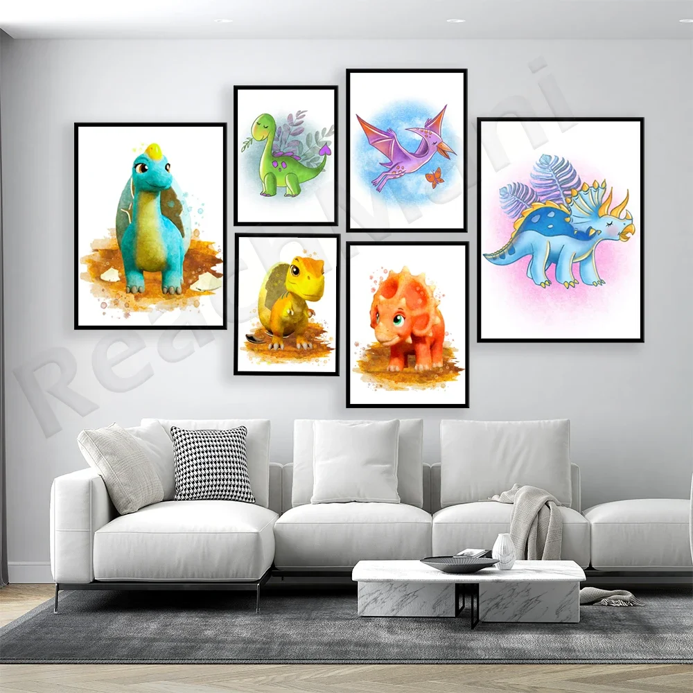 Cartoon Dinosaur Kindergarten Watercolor Poster, Tyrannosaurus Brontosaurus Triceratops Pterosaur Spinosaurus Decoration Picture