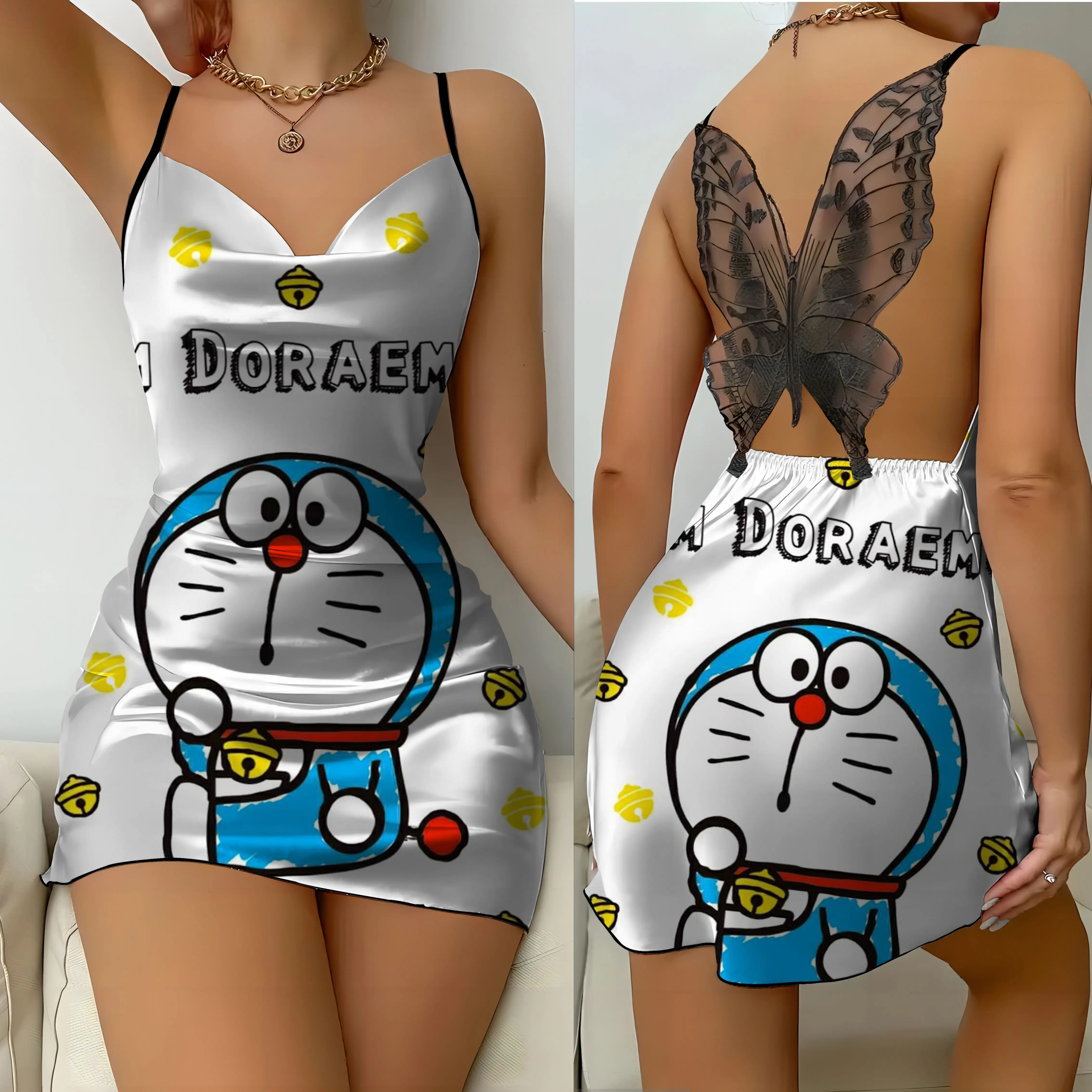 Abiti da festa con nodo a fiocco Mini abito superficie in raso Doraemon gonna pigiama donna moda estate 2024 abito sottoveste senza schienale in