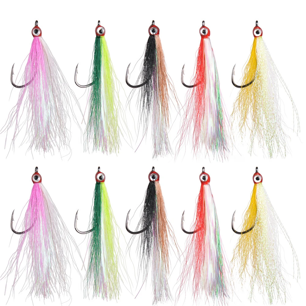 

15/25PCS Bucktail fishing jigs hooks 3D eyes Bait rig fishing teaser flash line Lure jig hooks flounder rigs for surf fishing