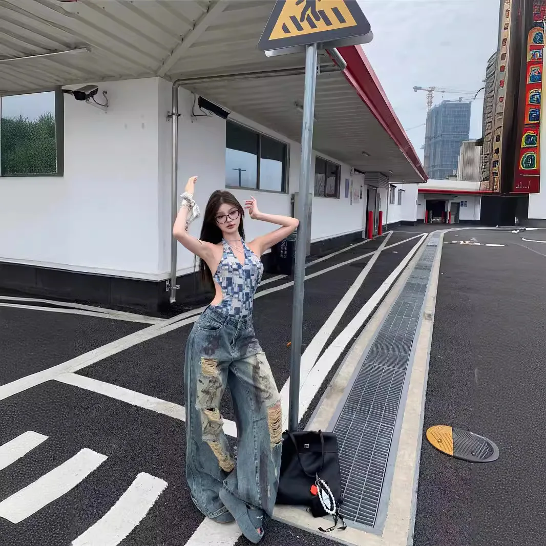 

Retro tie-dye wasteland wind ripped wide-leg jeans women's summer design sense high waist thin straight mopping pants