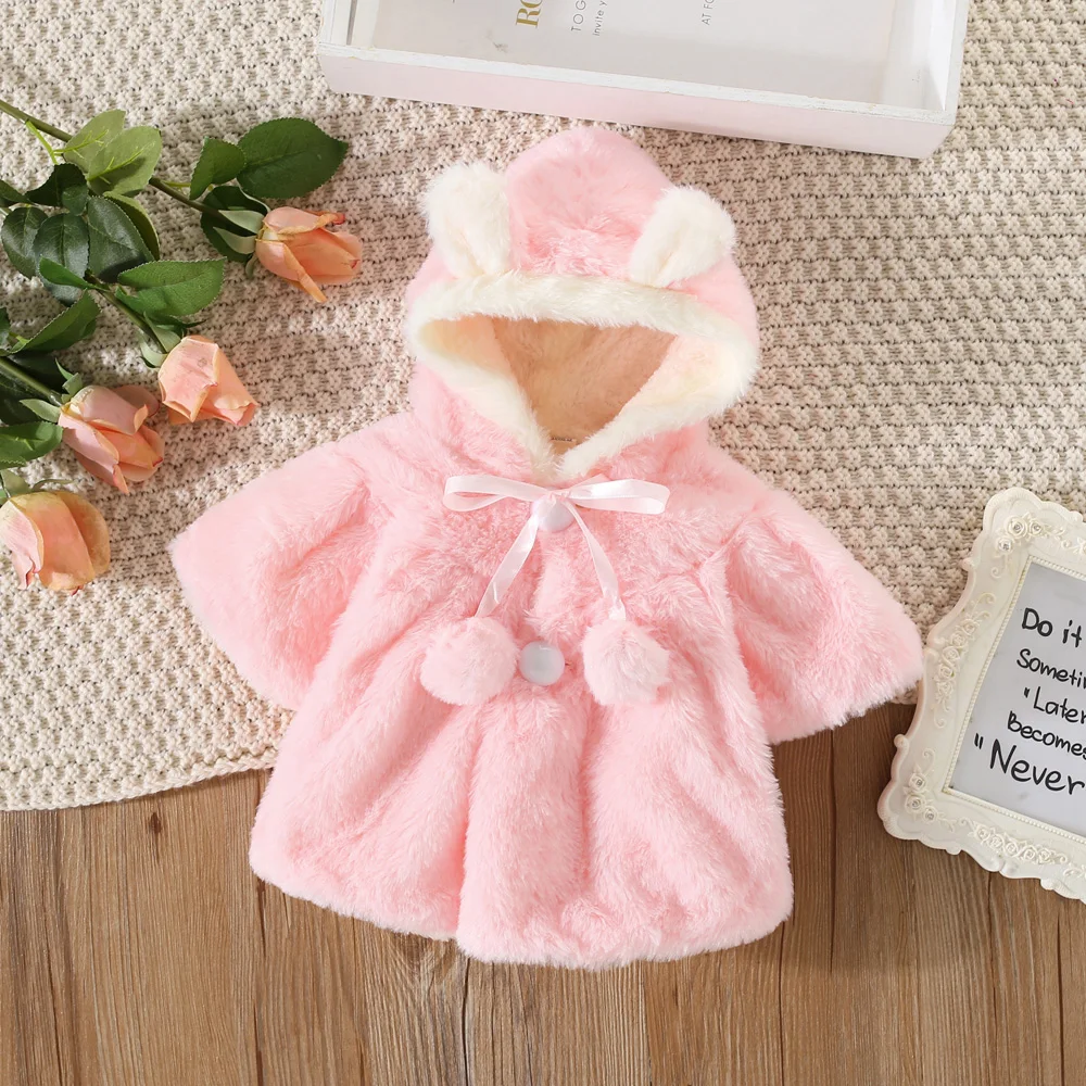 New Winter Girls\' Coat Furry Top Shawl Hairball Bow Solid Color Hooded Bear Ears Winter Girls Sweet Warm Fleece Coat