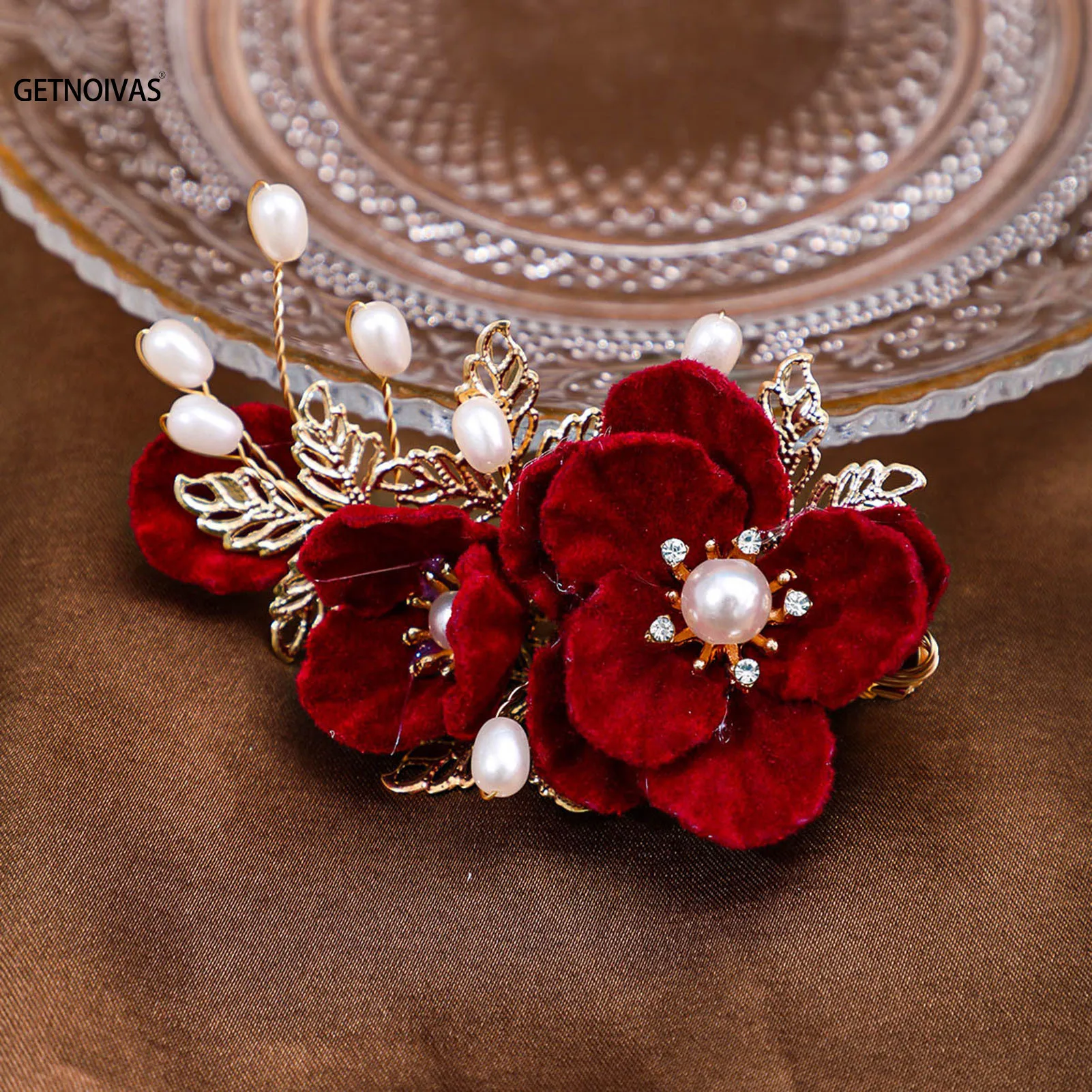 Red Flower Hairpins Vintage Hair Clip Noiva Jewelry Chinese Hanfu Hair Accessories Dress Headdress Barrettes Girls Headwear