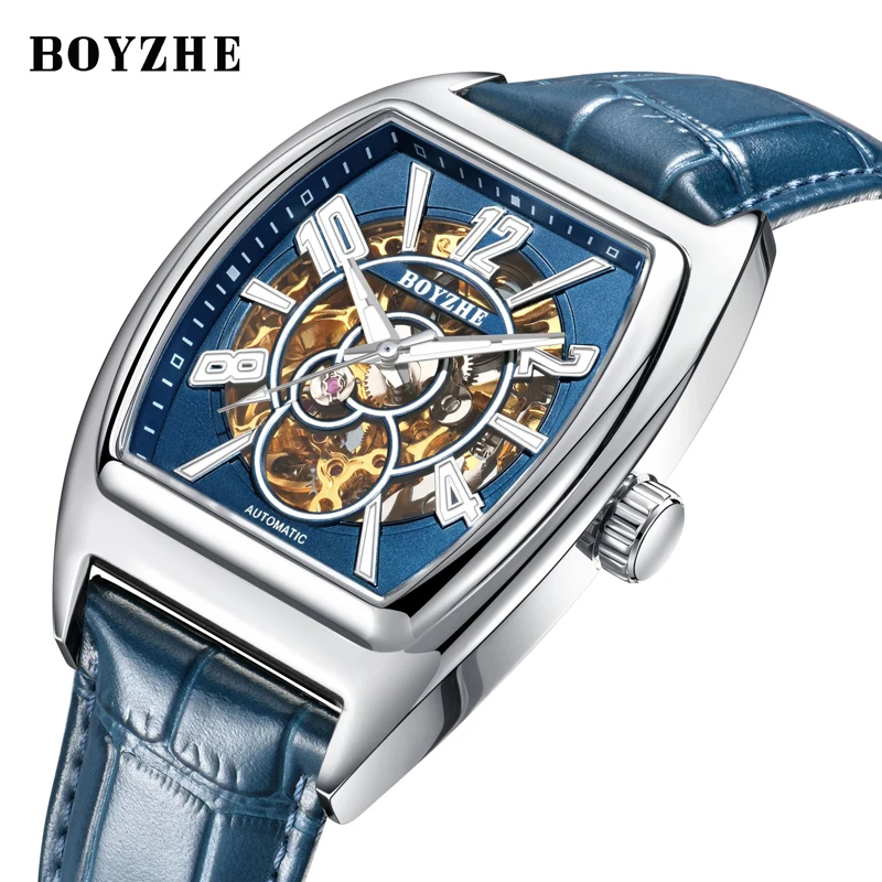 

BOYZHE Top Luxury Brand Mens Seagull Movement Automatic Mechanical Wristwatch Luminous Waterproof Tonneau Skeleton Watch Men