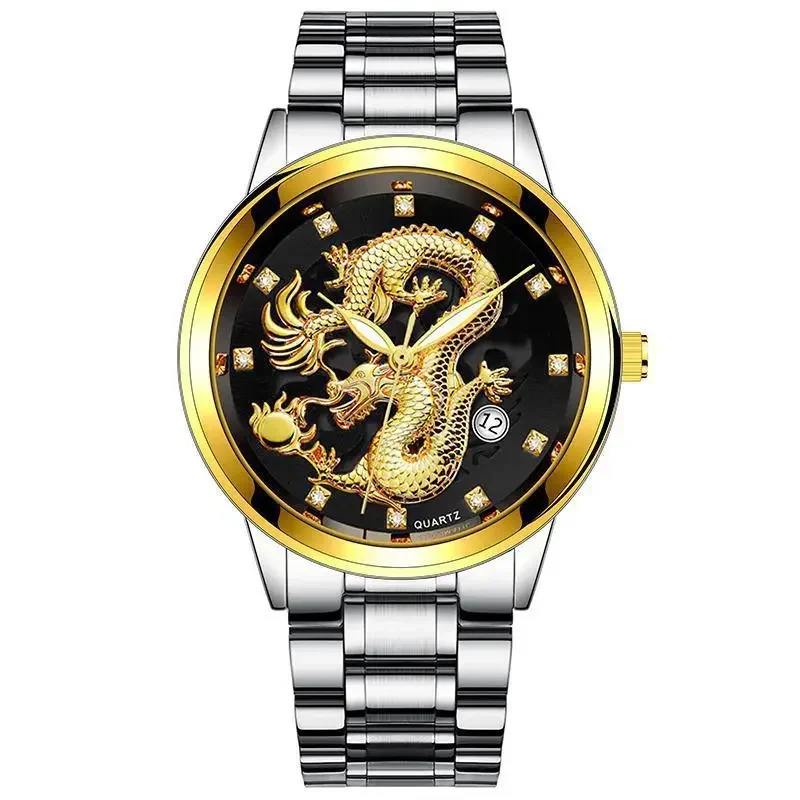 Fashion Mens Watches Embossed Gold Dragon Day Date Watch for Men Luxury Waterproof Male Clock Stainless Steel Quartz Wristwatch