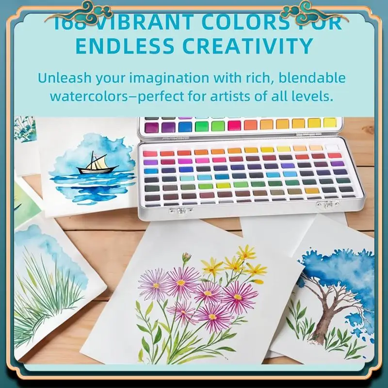 (جديد) - طقم طلاء 168 لونًا ألوان مائية، طقم رسم مع فرشاة مائية وفرش نايلون للمبتدئين