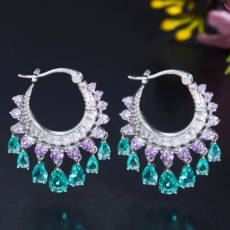 

2024 New Earring Shiny Circle Water Drop Zircon Tassel for Women Fashion Luxurious Jewelry Crystal Purple Wedding Gift Couple