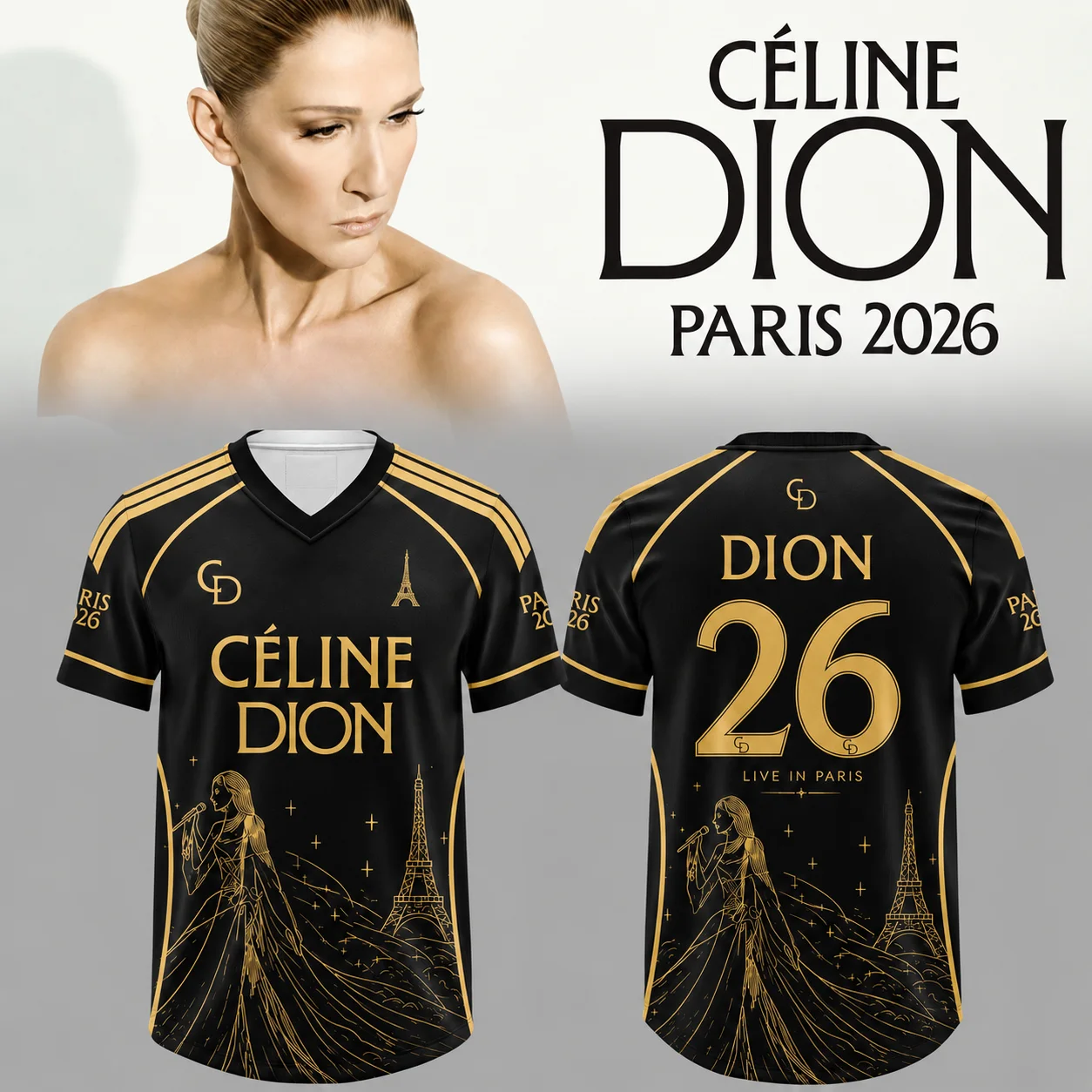 Celine Dion Paris 2026 Tour Soccer Jersey Gold Eiffel Tower Print Unisex V‑Neck Short Sleeve Tee Fan Shirt for Concert Party