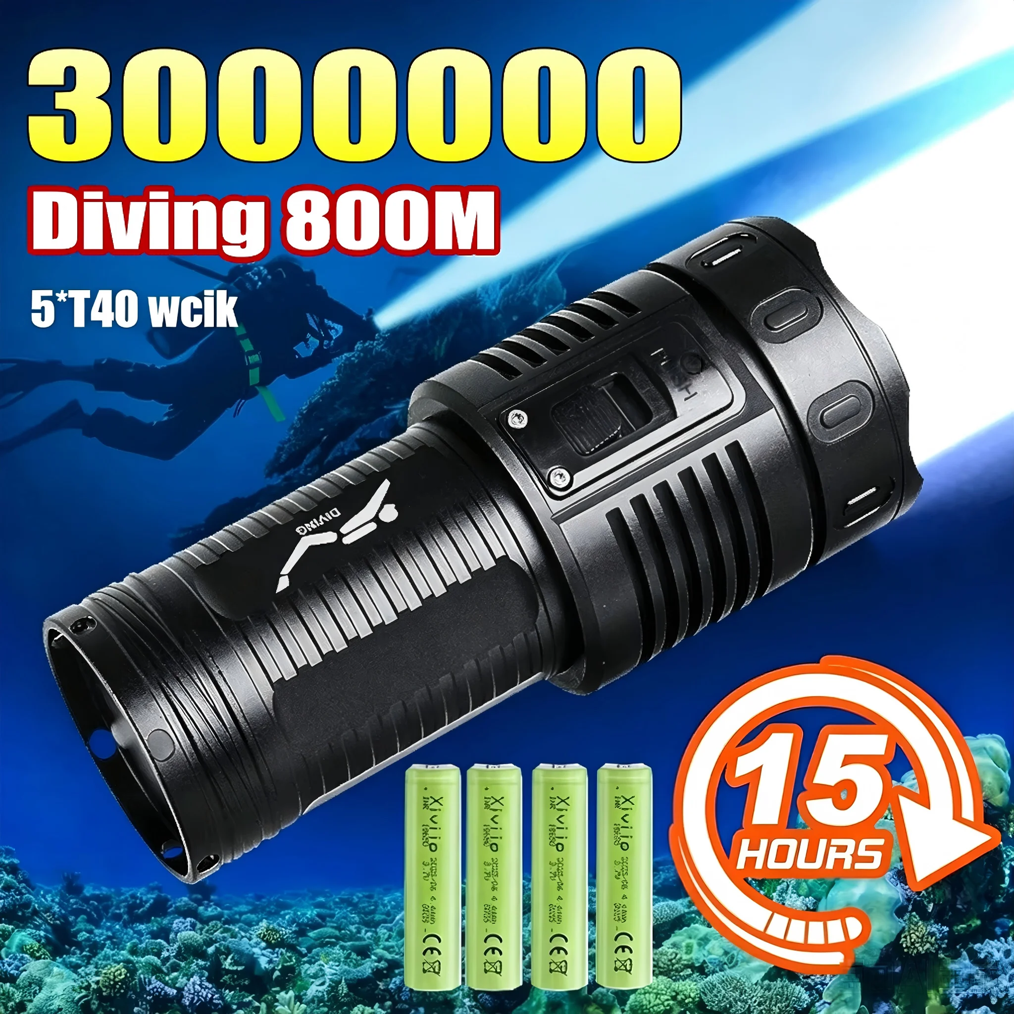 Ultra Bright Diving LED Flashlight Charging Strong Power Underwater Lantern IPX8 Waterproof 4x18650 Battery Scuba Diving Torch