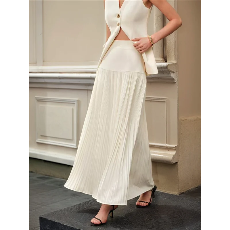 ABRT-Women's High Waist Flowing Pleated Patchwork Skirt Chiffon Hem A-Line Casual Maxi Skirt