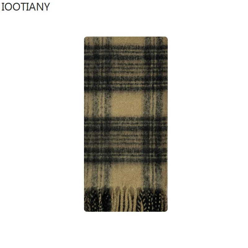 IOOTIANY New Women\'s Winter Woven Warm Scarf Casual Extra Long Wool Scarve Narrow Version Maillard Plaid Tassel Shawl