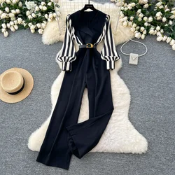 Vintage V-neck Long Lantern Sleeve Slim Sashes Patchwork Striped Top Jumpsuit High Street Streetwear Pants Autumn Women Clothing