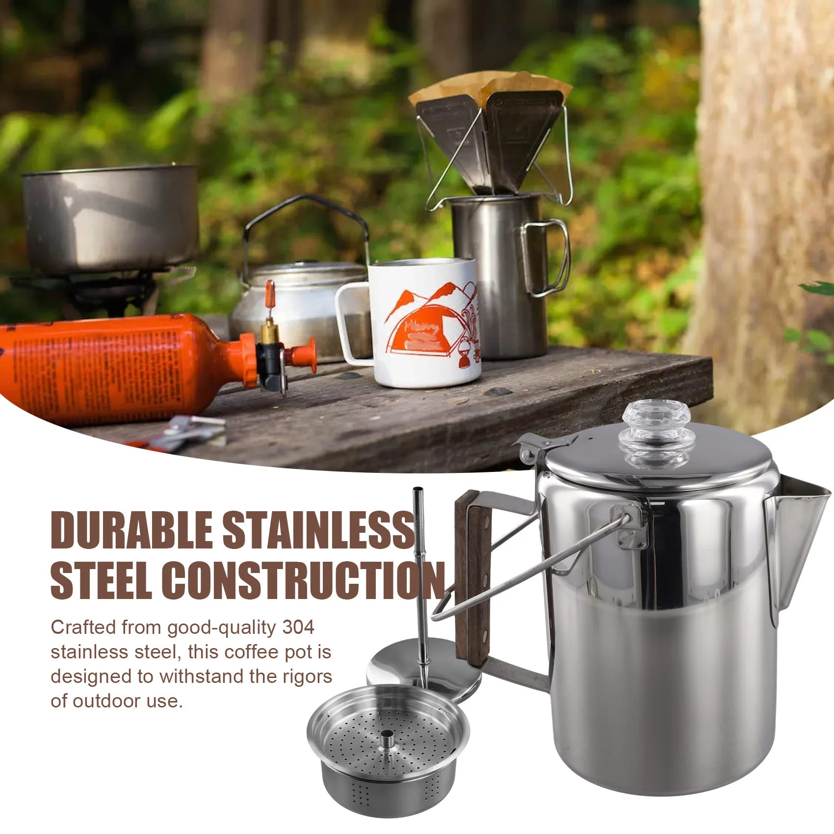 Camping Coffee Pot Stainless Steel, Percolator Coffee Pot, For Outdoor 9 Cups For Group Camping, Hiking, RV And Travel