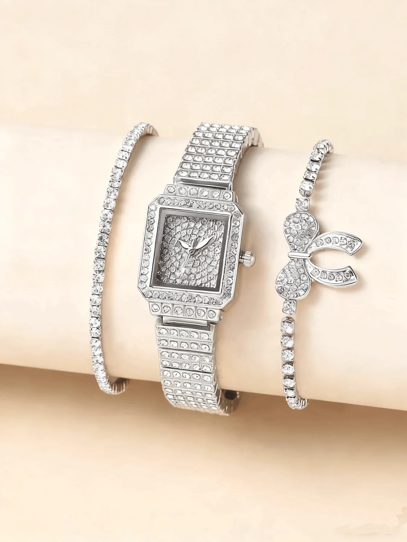 3-piece full diamond watch set, women's square quartz watch, light luxury exquisite set