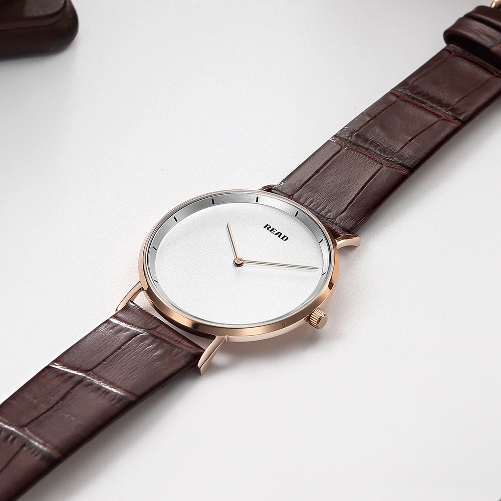 READ Minimalist Men Quartz Watch | Brown Leather Strap | Rose Gold Steel Case | High Hardness Glass | 3ATM Waterproof