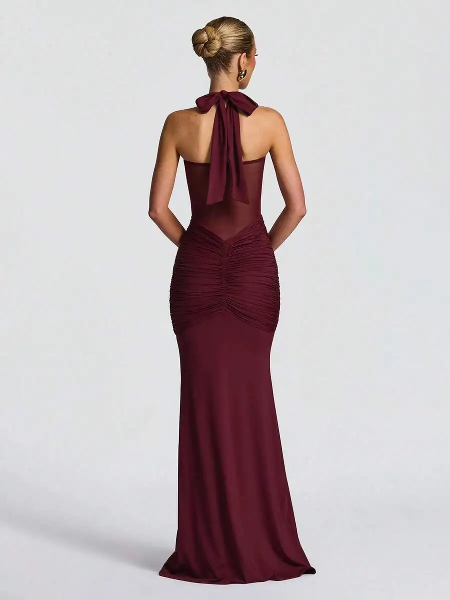 Burgundy Backless Halter Gown With Sheer Neck Tie, Ruched Midriff Draping, And High Side Slit For Wedding Evening Event