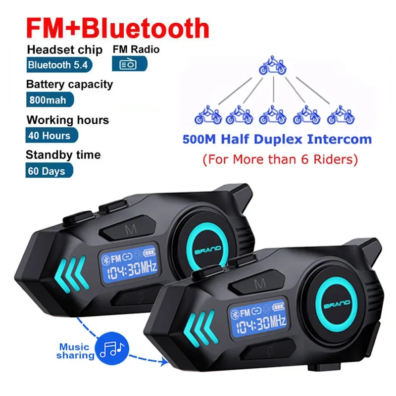 

500M Half Duplex Motorcycle Helmet Intercom FM Radio+Bluetooth Headset V5.4 Waterproof Music Share Intelligent Voice Assistant